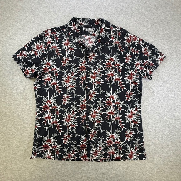 Express Other - Express Mens Large Black Floral‎ Bamboo Print Short Sleeve Button Down Shirt
